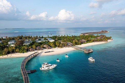 Aerial view, Hurawalhi Island resort with beaches and water bungalows, North Male Atoll, Maldives, Indian Ocean, Asia