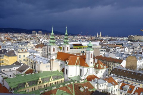 Maria Hilf Church, rain clouds, dark clouds over Vienna, view from the House of the Sea, Vienna, Austria, Europe