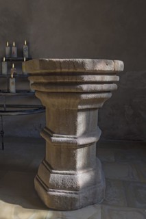 Historic baptismal font from the 16th century, in the St.Egidienkirche, Beerbach, Middle Franconia, Bavaria, Germany, Europe