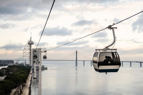 Cable car called Telecabine along Tagus River in Lisbon, the capital city of Portugal