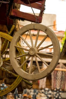 Old traditional style wagon wheel made of wood