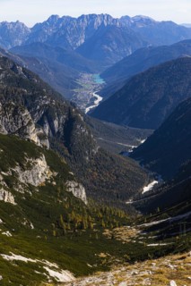 View of the Cadin di Longeres valley, Lake Misurina in the background, Dolomites, South Tyrol, Italy, Europe