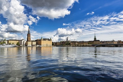 View over Riddarfjaerden to the skyline of the old town Gamla Stan, Stockholm, Maelaren, Sweden, Europe