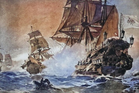 The Brandenburgers attacking the Spanish treasure fleet, Island of St. Vincent, 1681, Historical, digitally restored reproduction of an original from the 19th century, exact date unknown