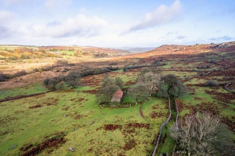 View over Emsworthy Mire from a drone, Haytor Rocks, Dartmoor National Park, Devon, England, UK