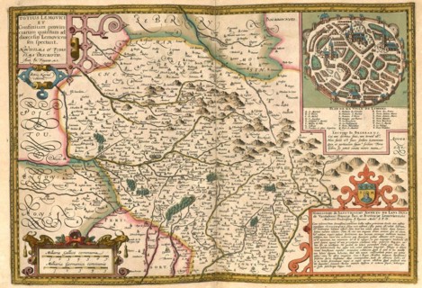 Atlas, map from 1623, Lemovici, France with city of Limoges, digitally restored reproduction from an engraving by Gerhard Mercator, born as Gheert Cremer, 5 March 1512, 2 December 1594, geographer and...