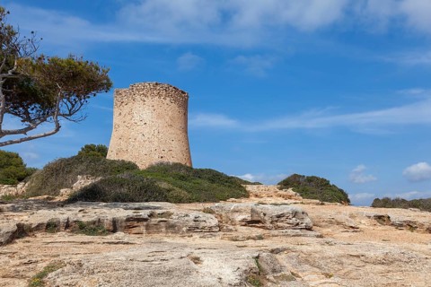 Torre de Cala Pi, medieval watchtower on the coast, Cala Pi, Majorca, Balearic Islands, Spain, Europe