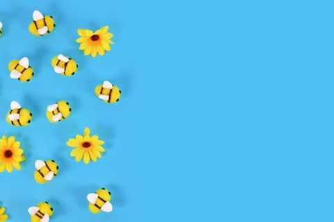 Cute felt bees and yellow flowers on side of blue background with copy space