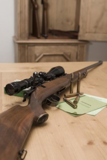 Decorated hunting weapons with ammunition, hunting license and gun ownership card and, Hesse, Germany, Europe