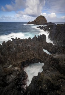 High waves on the sea, volcanic rock in bizarre shapes, rocky coast, Porto Moniz, Madeira, Portugal, Europe