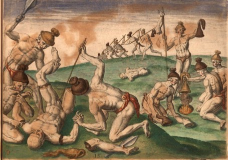 Scene from the aftermath of the war. Native Americans scalp fallen enemies, dry the scalps over a fire and mutilate the corpses. Includes war clubs, arrows and knives, Historic, digitally restored rep...