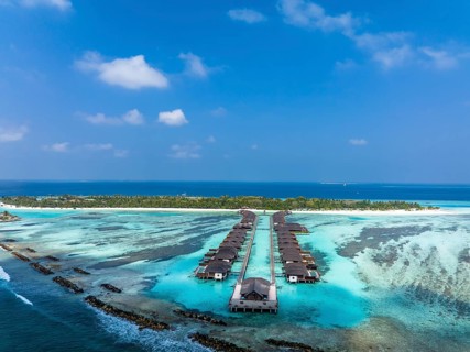 Aerial View, Paradise Island with Water Bungalows, Indian Ocean, Lankanfushi, North Male Atoll, Maldives, Asia