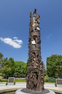 Tulsa, Oklahoma, The Tower of Reconciliation at John Hope Franklin Reconciliation Park. The park is a memorial based on the 1921 race massacre in which many African-Americans were murdered and the Gre...