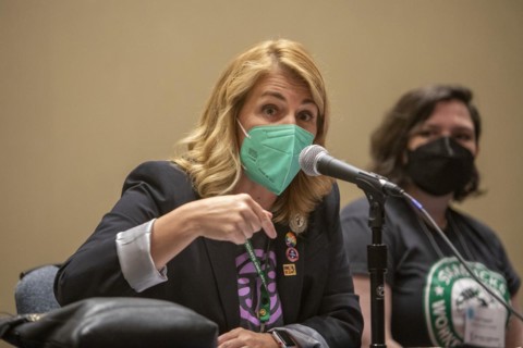 Chicago, Illinois, Sara Nelson, president of the Association of Flight Attendants, speaks to union activists at the 2022 Labor Notes conference. Four thousand rank and file unionists from across the U...