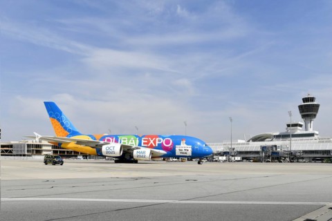 Rolling Emirates Airlines special livery Expo Dubai 2021-2022 Airbus A380-800 in front of Terminal 1 with Tower, Munich Airport, Upper Bavaria, Bavaria, Germany, Europe