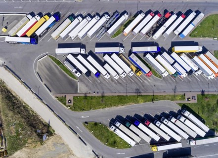 Rest area Denkendorf on the motorway A8, occupied parking spaces for trucks, drivers have to respect their rest periods, drone photo, Denkendorf, Baden-Wuertttemberg, Germany, Europe
