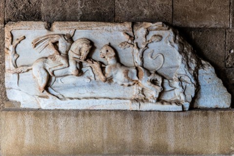 Marble relief of a hunting scene, late Hellenistic period, Archaeological Museum in the former Order Hospital of the Knights of St John, 15th century, Old Town, Rhodes Town, Greece, Europe