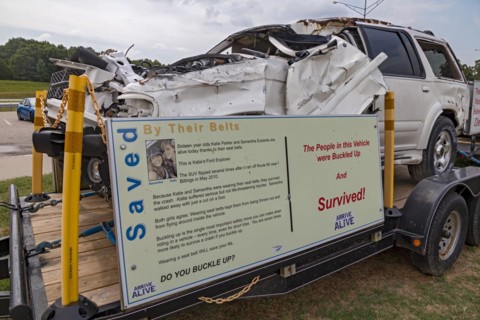 Conway, Missouri, An auto safety display at a rest area on Interstate 44 promotes the use of seat belts. Two cars that crashed are shown: the passengers in one car who wore seat belts survived, the un...