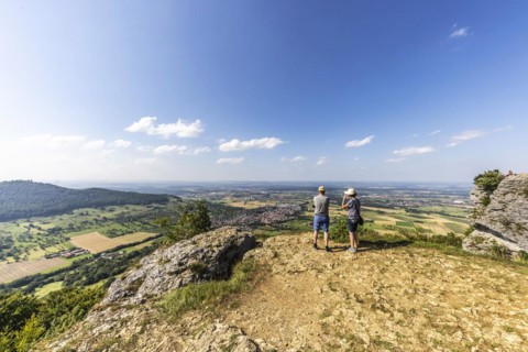 View from Breitenstein, rock plateau on the northern edge of the Swabian Alb, Bissingen an der Teck, Baden-Wuerttemberg, Germany, Europe
