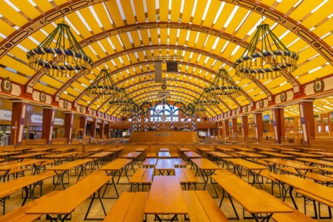 Wiesnaufbau, Loewenbraeufestzelt, Oktoberfest, Theresienwiese, Munich, Upper Bavaria, Bavaria, Germany, Europe
