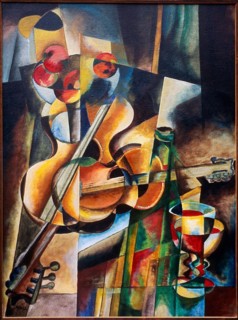 Oil painting by Volker von Mallinckrodt in Cubist style with guitars, apples and red wine Cubism