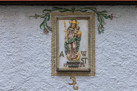 Porcelain relief of Mary with the Child Jesus, on a house wall, Bad, Hindelang, Allgaeu, Bavaria, Germany, Europe