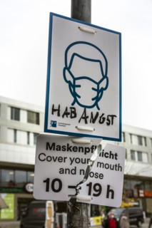 Mandatory masks in the area of Bilk station, signs are often destroyed or painted, Duesseldorf, North Rhine-Westphalia, Germany, Europe