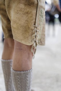 Traditional Bavarian Lederhosen and Zopfstruempfe., Holzkirchen, Germany, Europe