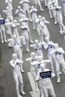 Protest of the environmental organisation Greenpeace, on the Bundesstrasse 14 40 activists demand better air quality, the Neckartor is considered the most polluted street in Germany with high levels o...