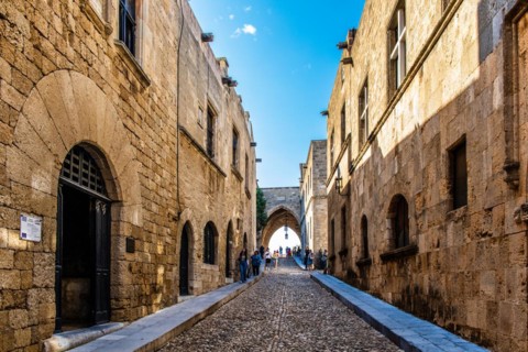 Gate to the Spanish Hostel, Knights Street in Old Town from the time of the Order of St. John, the only surviving 16th century street in the late Gothic style, Oddos Ippoton, Rhodes Town, Greece, Euro...