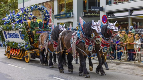 Festival procession, entry of the Wiesnwirte, Loewenbraeu brewery float loaded with barrels, Oktoberfest, Munich, Upper Bavaria, Bavaria, Germany, Europe