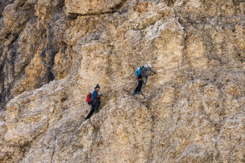 Climbers on the Innerkoflerturm, view from the Langkofelscharte, Sella Pass, Dolomites, South Tyrol, Italy, Europe