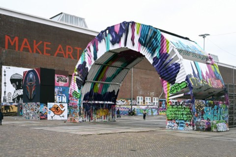 Container art and graffiti next to the Straat Museum, NDSM Plein, Amsterdam, Netherlands