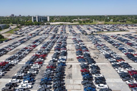 Hamtramck, Michigan, New Ford F-150 pickup trucks and other truck models are parked, unable to be sold, during the global shortage of semiconductor chips