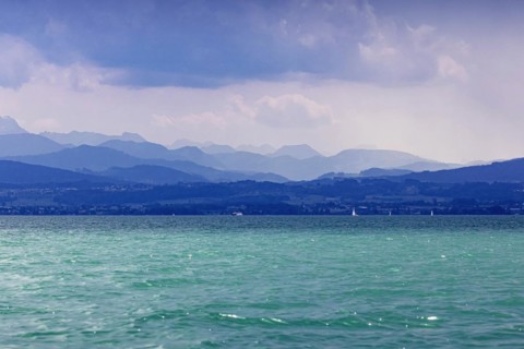 View from Lake Constance to the Swiss shore, Immenstaad, Baden-Wuerttemberg, Germany, Europe