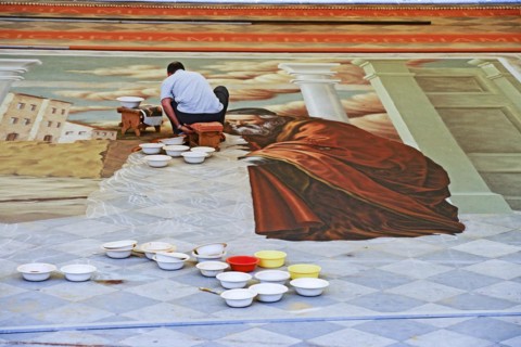 Artists create pictures from coloured sand, Plaza del Ayuntamiento, La Orotava, Tenerife, Canary Islands, Spain, Europe