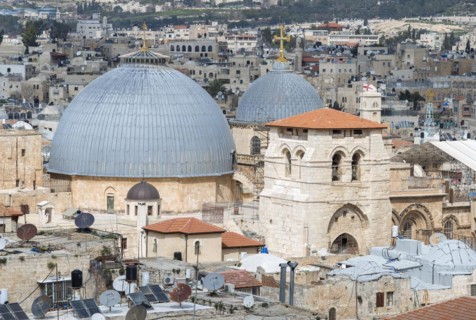 The domes and bell tower of the Church of the Holy Sepulchre above the rooftops of the Old City, Jerusalem, Israel, Asia
