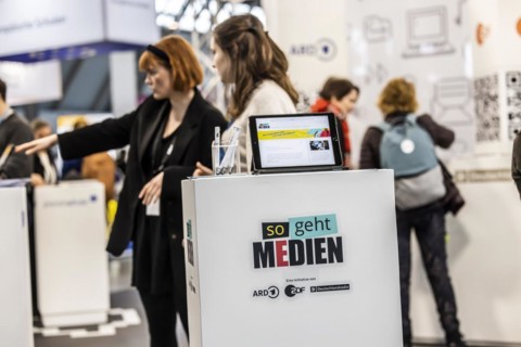 Trade fair stand of ARD, ZDF and Deutschlandradio with the initiative so geht Medien, Didacta trade fair in Stuttgart, Europes largest education trade fair. Stuttgart, Baden-Wuerttemberg, Germany, Eur...