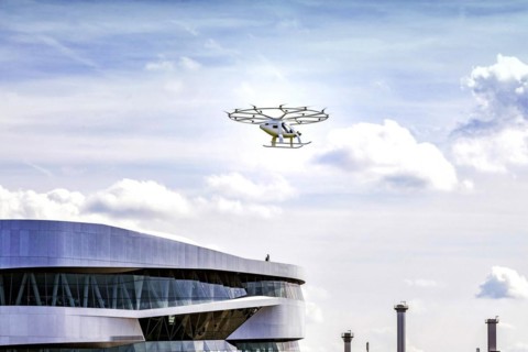 Flight taxi at the Mercedes Museum, first flight of a Velocopter over a major European city, autonomous aircraft without passenger and without pilot, Stuttgart, Baden-Wuerttemberg, Germany, Europe