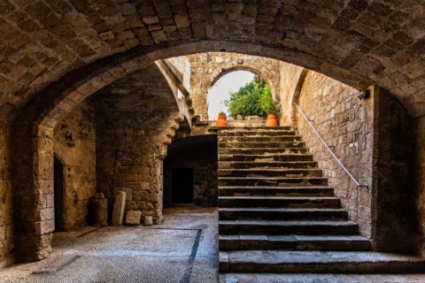 Hostel of the Spaniards, Knights Street in Old Town from the time of the Order of St. John, the only surviving 16th century street in late Gothic style, Oddos Ippoton, Rhodes Town, Greece, Europe