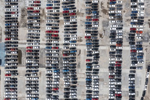 Hamtramck, Michigan, New Ford F-150 pickup trucks and other truck models are parked, unable to be sold, during the global shortage of semiconductor chips
