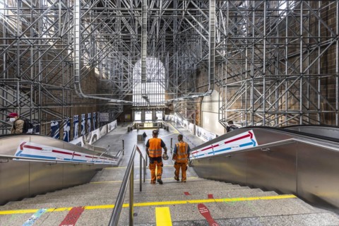 Station building with scaffolding, interior view, the heritage-protected Bonatz building is being completely renovated as part of the Stuttgart 21 project for 250 million euros, Stuttgart, Baden-Wuert...