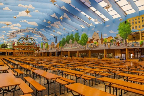 Wiesnaufbau, Hackerfest tent, Oktoberfest, Theresienwiese, Munich, Upper Bavaria, Bavaria, Germany, Europe