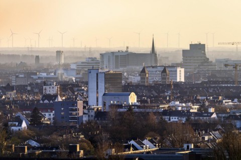 Viewpoint from Grafenberg Forest over Duesseldorf, Duesseldorf, North Rhine-Westphalia, Germany, Europe