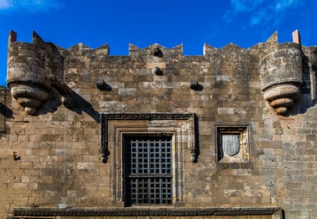 Front of French hostel, Knights Street in Old Town from the time of the Order of St. John, only surviving 16th century street in late Gothic style, Oddos Ippoton, Rhodes Town, Greece, Europe