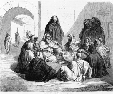 Boaz takes Elimelche's inheritance, men, group, gate, city wall, talk, robe, Bible, Old Testament, The Book of Ruth, chapter 4, verse 9, historical illustration c. 1850, Near East