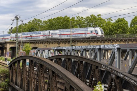 InterCity IC of Deutsche Bahn AG to Zurich on the Gaeubahn, double-decker train on viaduct at Nordbahnhof Stuttgart, Baden-Wuerttemberg, Germany, Europe