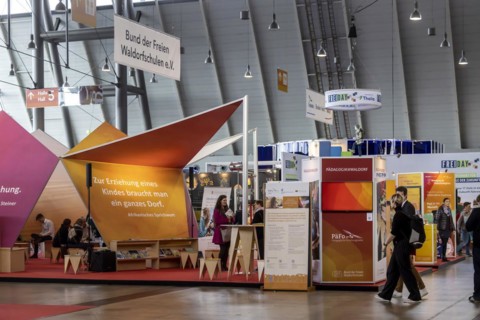Free Waldorf Schools trade fair stand. The trade fair Didacta is Europes largest education trade fair, target groups are teachers and trainers at kindergartens, schools and universities. Stuttgart, Ba...