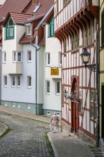 Historic old town, medieval alleys, cobblestones, half-timbered houses, Nordhausen, Thuringia, Germany, Europe