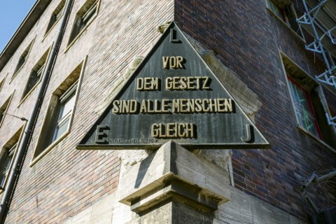 Duesseldorf Police Headquarters, with the inscription on the former main entrance: Before the law all men are equal, Duesseldorf, North Rhine-Westphalia, Germany, Europe